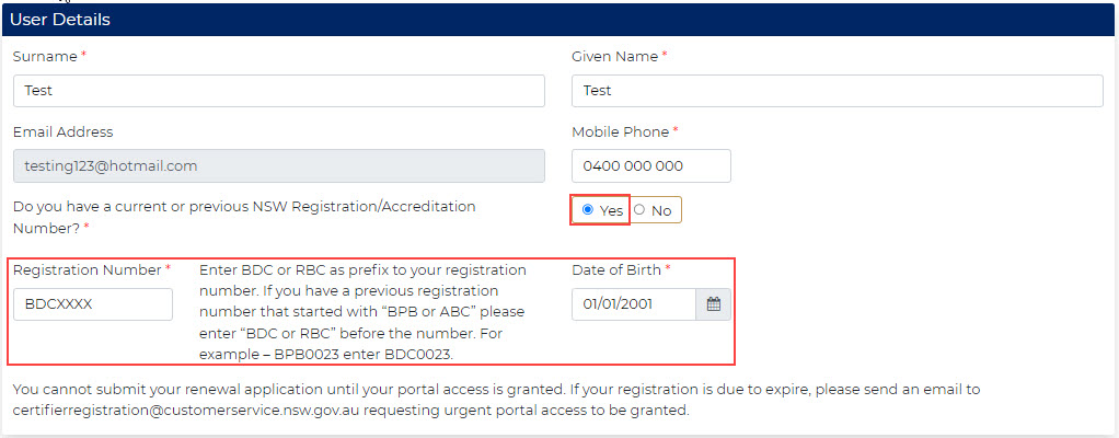 Building certifier portal user detail yes option