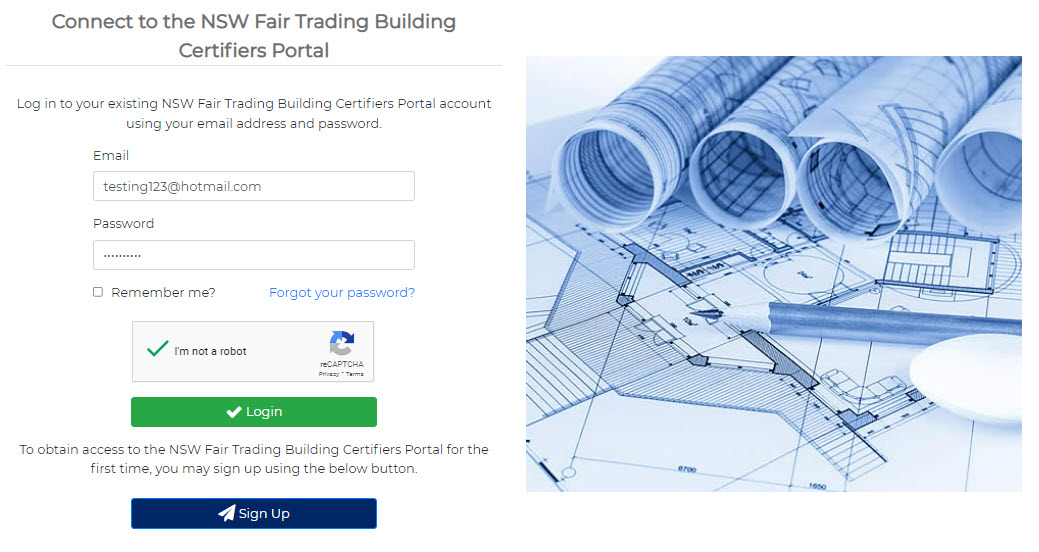 Image of the building certifiers portal login page