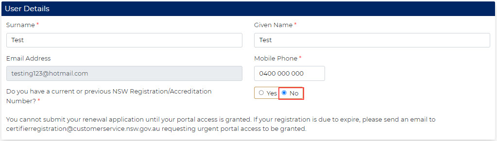 Building certifiers portal user details no option