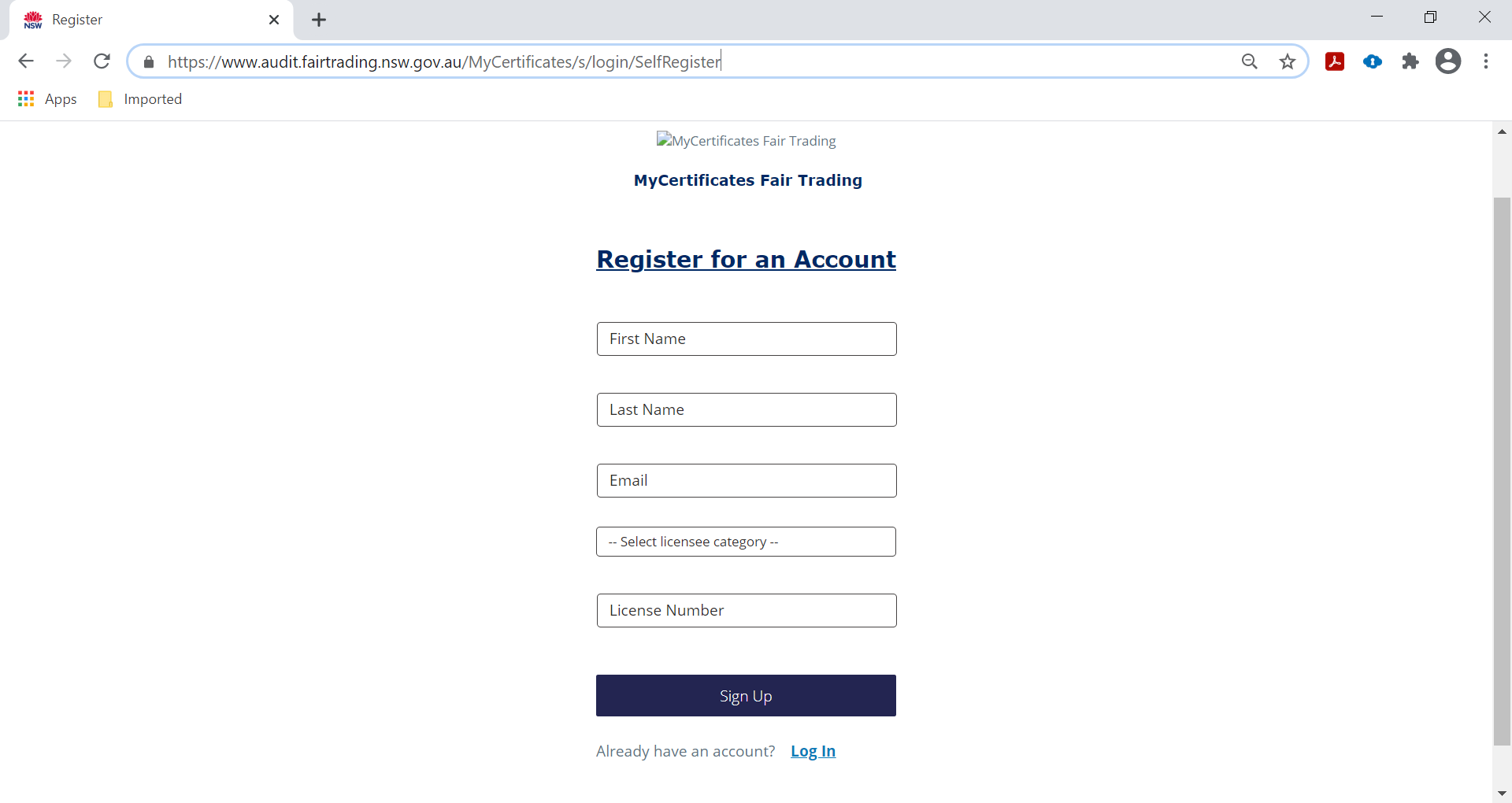 Image showing register page for MyCertificates
