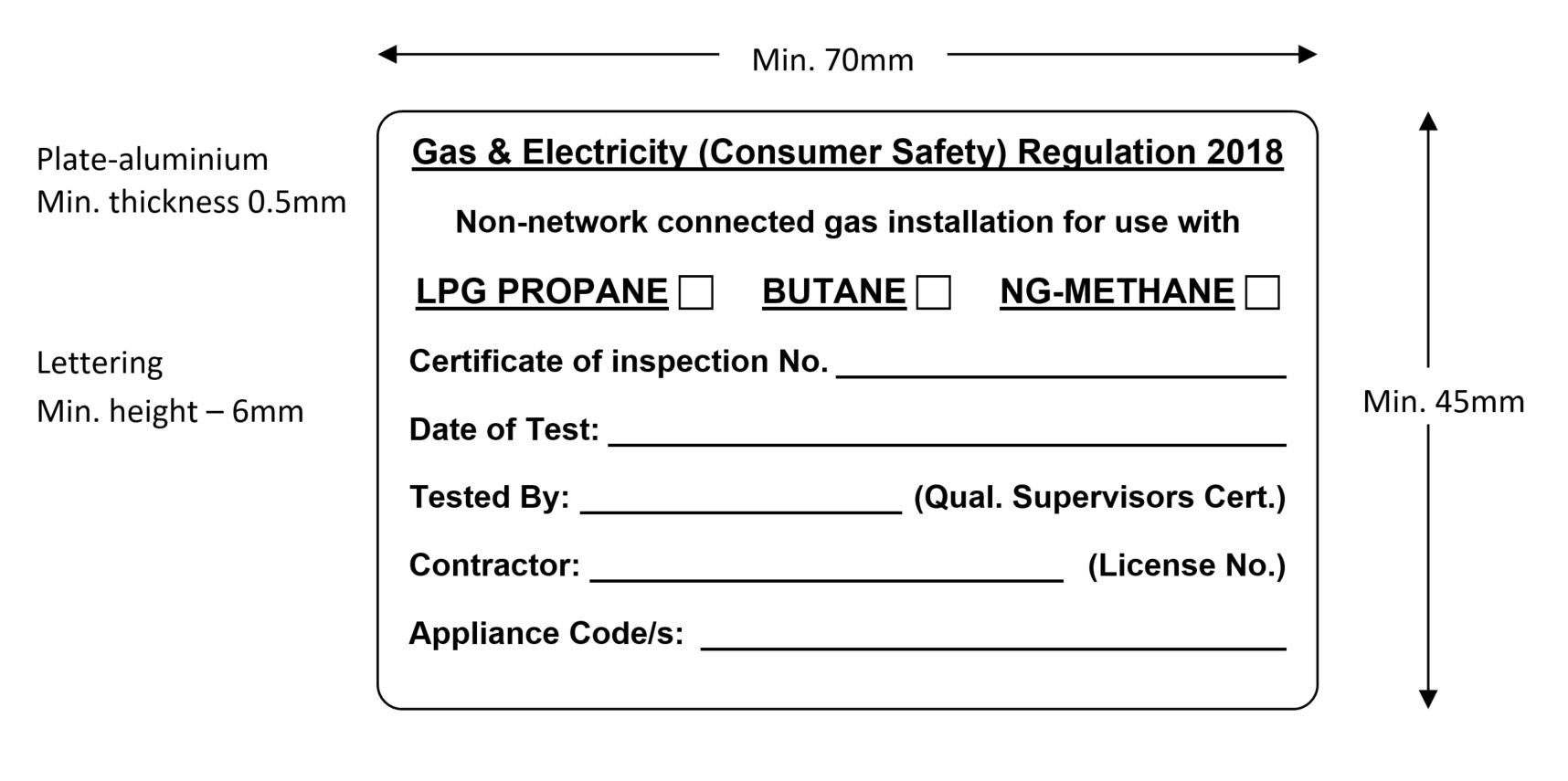 Image example of a gasfitters compliance plate design and dimensions
