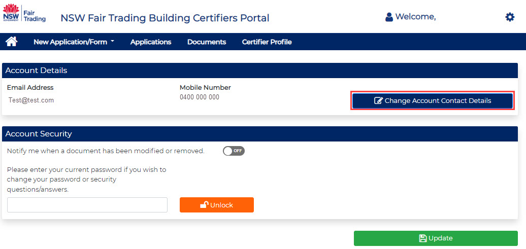 Image of building certifiers portal change account contact details
