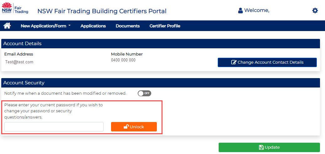 Image of building certifiers portal change password security details