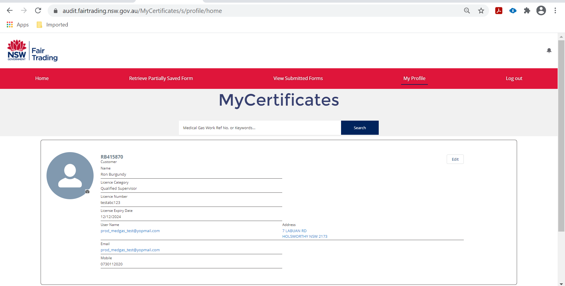 Screenshot showing MyProfile in the portal