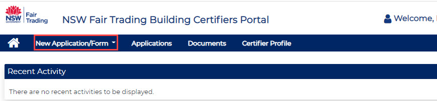 Image of the building certifiers portal landing page highlighting new application/form drop down menu