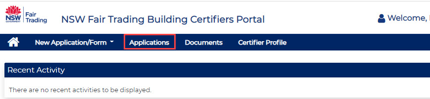 Image of the building certifiers portal landing page highlighting the applications tab