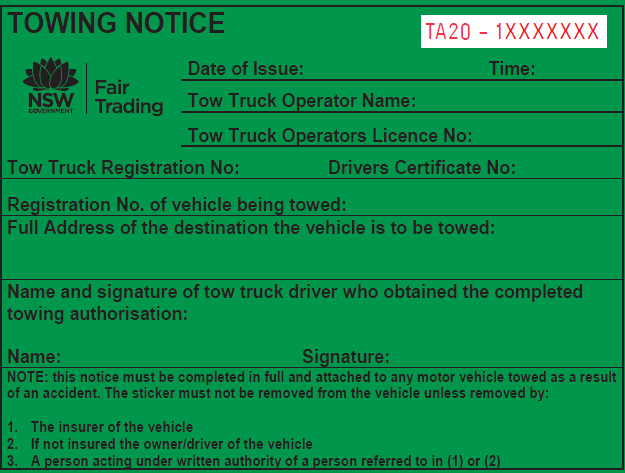 Example of towing notice