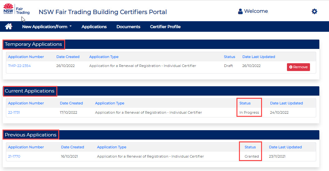 Image of building certifiers portal various application status