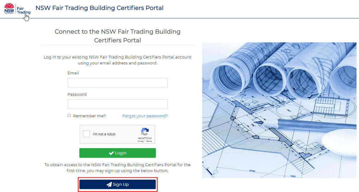 Building certifiers portal sign up button