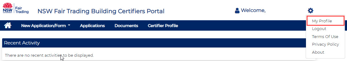 Image of building certifiers portal my profile drop down menu